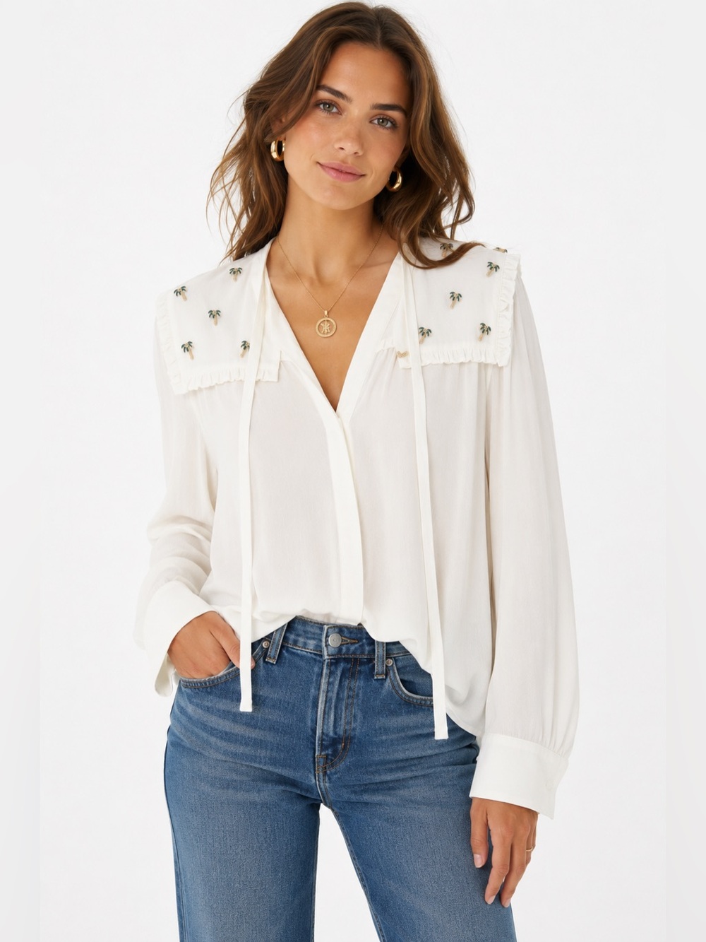 🌴 Maje Embellished Palm Tree Sailor Collar Blouse🌴